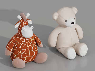 Cute Plush Giraffe and Bear Dolls Orange with White Spots Beige Sitting Stuffed Toys 3d model