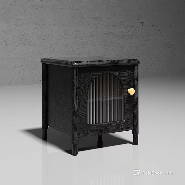 Modern Black Wooden Bedside Table With Glass Door Vertical Slats And Gold Handle 3d model 