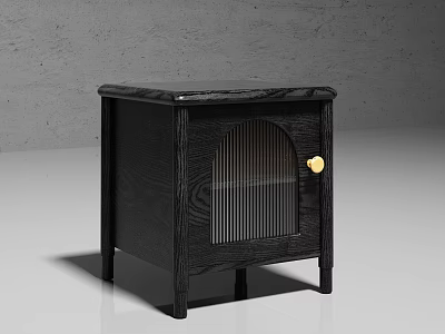 Modern Black Wooden Bedside Table With Glass Door Vertical Slats And Gold Handle 3d model