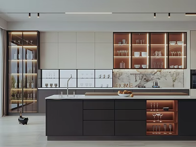 Modern Kitchen Interior Design With Island Counter Glass Cabinets And Lighting 3d model