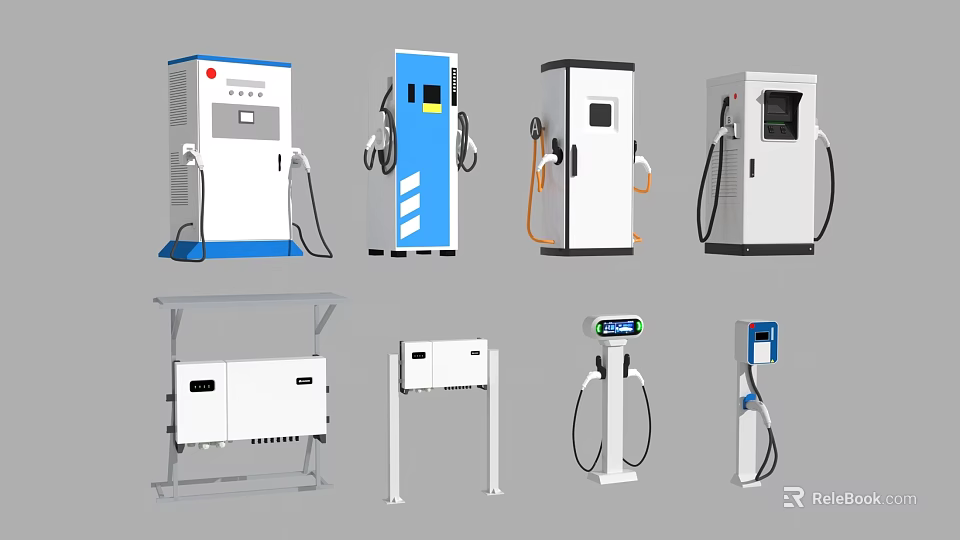 Various EV Charging Station Designs With Different Colors And Charging Ports 3d model 