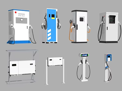 Various EV Charging Station Designs With Different Colors And Charging Ports 3d model