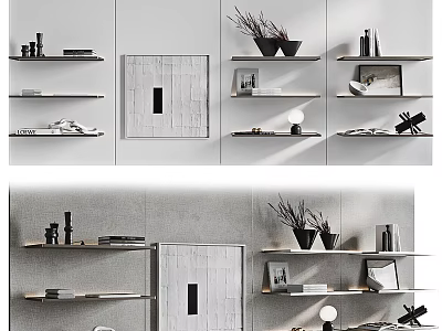 Modern Kitchen Interior With Floating Shelves Decorative Items And Wall Cabinets 3d model