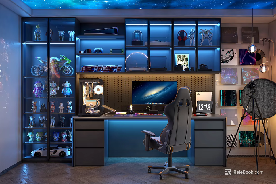 Gaming Desk With Glass Door Cabinets Collectible Figures Blue Lighting Ergonomic Chair Wall Decor 1218 3d model 