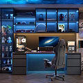 Gaming Desk With Glass Door Cabinets Collectible Figures Blue Lighting Ergonomic Chair Wall Decor 1218