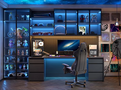 Gaming Desk With Glass Door Cabinets Collectible Figures Blue Lighting Ergonomic Chair Wall Decor 1218 3d model
