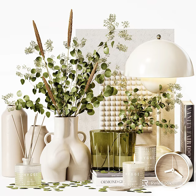 Modern Decorative Ornament Set With Green Plants White Vases Lamp And Book 3d model 