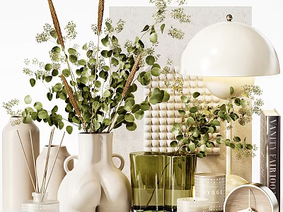 Modern Decorative Ornament Set With Green Plants White Vases Lamp And Book 3d model