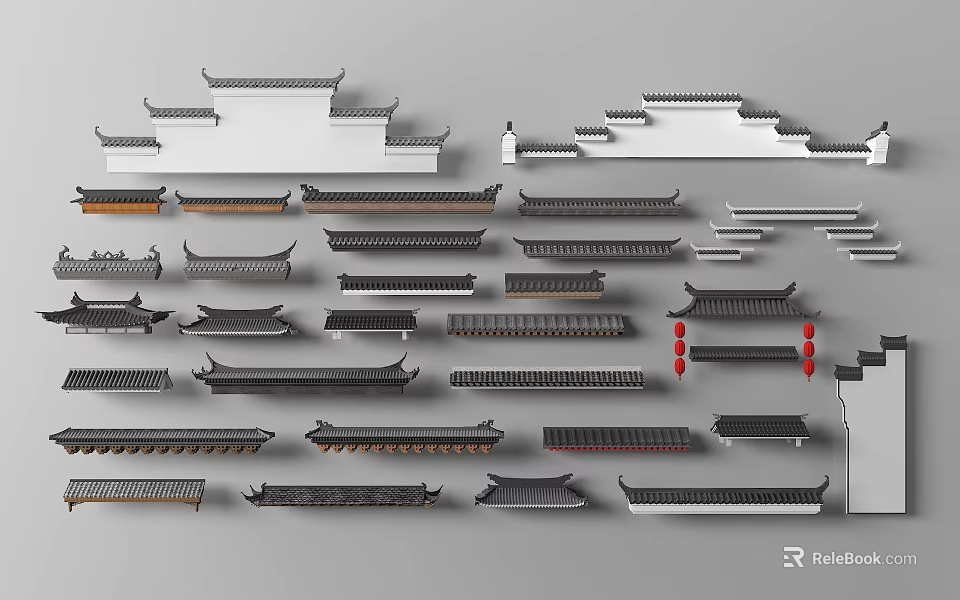 Traditional Chinese Architectural Components With Various Roof Eaves And Decorative Details 3d model 