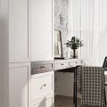 Modern Home Office Desk With White Cabinet Marble Wall Curtain And Chair With Plaid Blanket