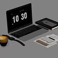 Modern Laptop with Digital Clock Display on Screen and Coffee Cup Smart Watch Notebook Smartphone