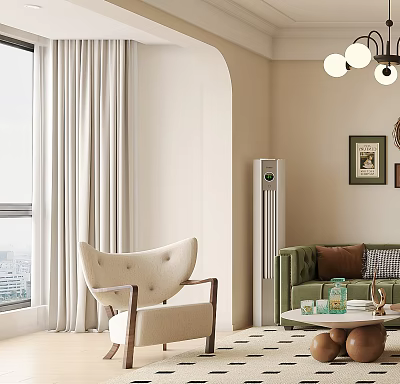 Beige Lounge Chair In Modern Living Room With Green Sofa Large Window And White Curtain 3d model