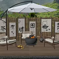 Outdoor Chairs With Bamboo Fence White Umbrella Fire Pit Fruits And Green Plants