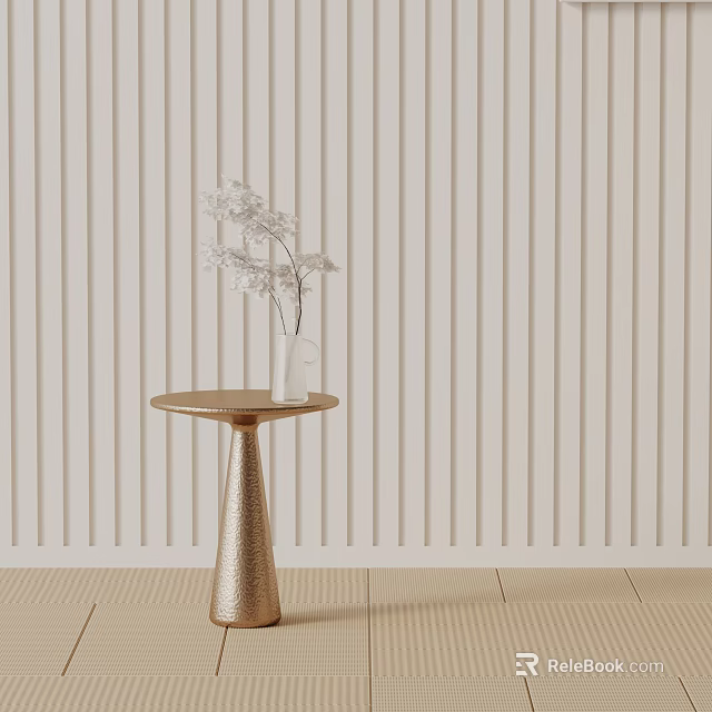 Modern Side Table with Vase of White Flowers Against Beige Striped Wall and Wooden Floor 3d model 