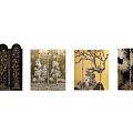 Decorative Folding Screens With Floral Tree Branch Patterns And Gold Black Frames 3d model