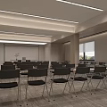 Modern Conference Room Interior With Tables Chairs Projection Screen Wooden Walls And Lighting