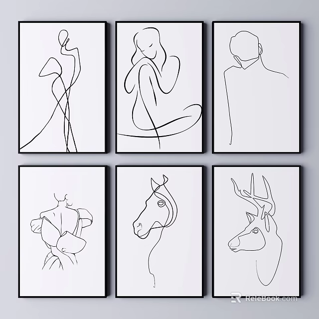 Minimalist Black And White Line Art Prints With Human And Animal Figures Set Of Six 3d model 