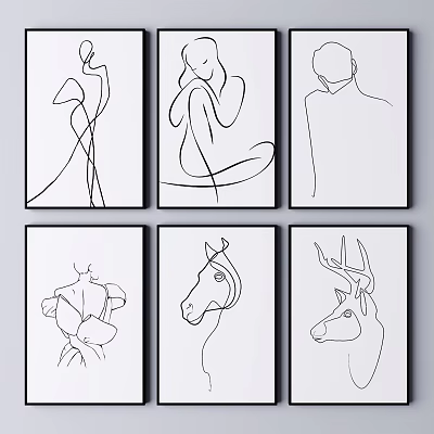 Minimalist Black And White Line Art Prints With Human And Animal Figures Set Of Six 3d model