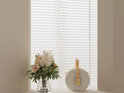 Elegant Interior Corner With White Blinds Fresh Flower Bouquet And Round Bag 3d model