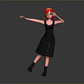 3D Game And Movie Character Red Hair Black Dress Black Boots Striking Pose Gray Background