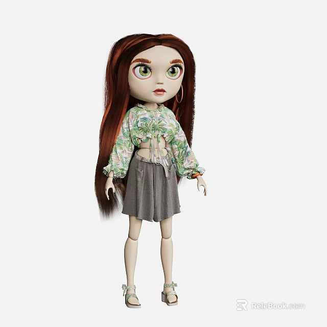 Doll With Long Red Hair Green Eyes Green Patterned Top And Gray Shorts 3d model 