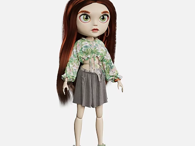 Doll With Long Red Hair Green Eyes Green Patterned Top And Gray Shorts 3d model