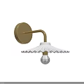 Golden Circular Base Wall Sconce With White Scalloped Lampshade And Clear Bulb