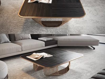 Elegant Black Coffee Table with Metal Woven Base and Magazine in Modern Living Room 3d model