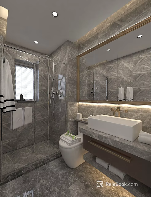Modern Luxury Grey Marble Bathroom With Glass Shower Enclosure And Stylish Backlit Vanity Mirror 3d model 