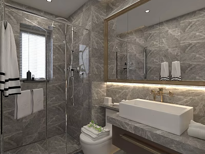 Modern Luxury Grey Marble Bathroom With Glass Shower Enclosure And Stylish Backlit Vanity Mirror 3d model