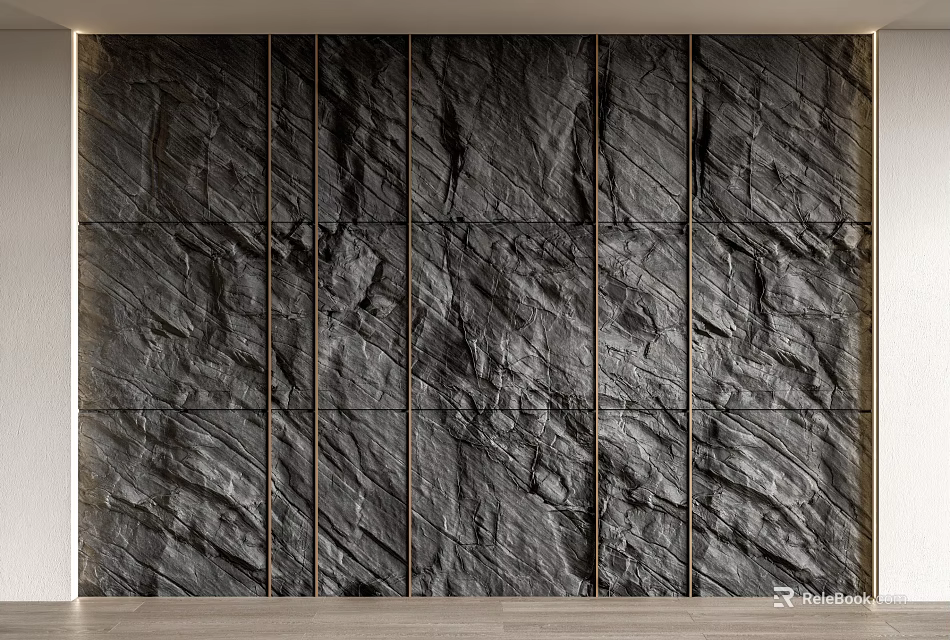 Dark Slate Texture Feature Wall with Vertical Gold Metal Strips and Natural Pattern 3d model 