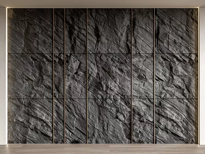 Dark Slate Texture Feature Wall with Vertical Gold Metal Strips and Natural Pattern 3d model