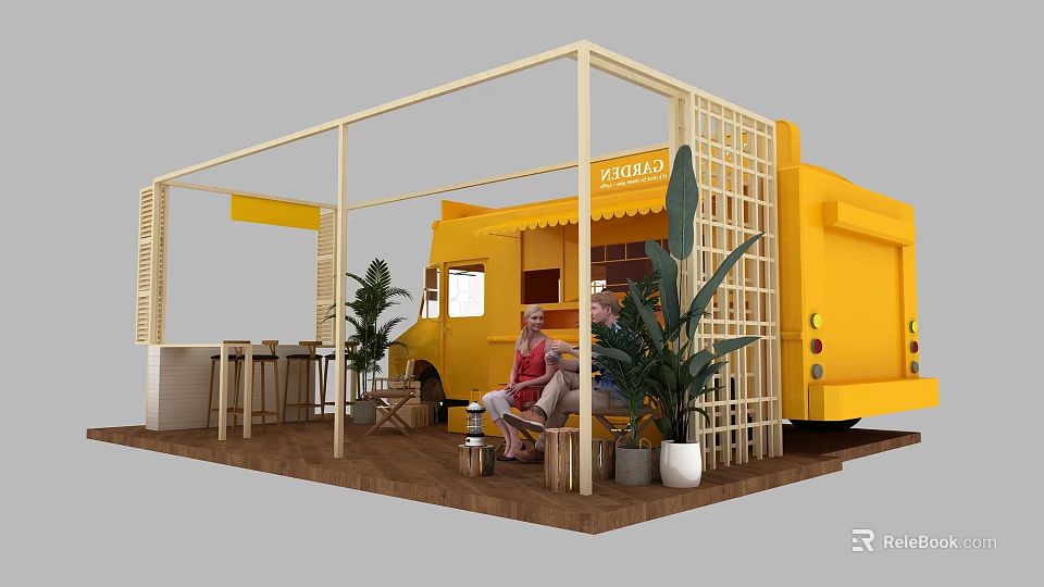 Yellow Food Truck Setup With Wooden Frame Structure Tables Chairs And Green Plants People Sitting 3d model 