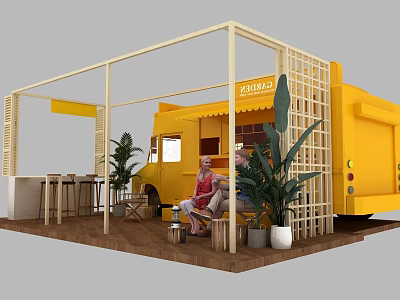 Yellow Food Truck Setup With Wooden Frame Structure Tables Chairs And Green Plants People Sitting 3d model