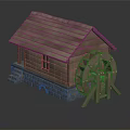 Rustic Wooden Cabin With Sloped Shingle Roof Stone Base And Water Wheel