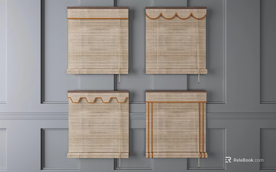 Stylish Bamboo Window Blinds With Various Designs Against Gray Wall Background 3d model