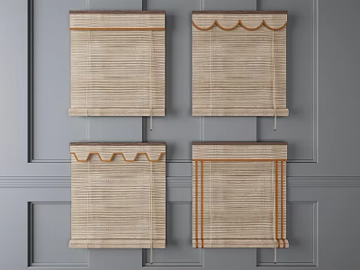 Stylish Bamboo Window Blinds With Various Designs Against Gray Wall Background 3d model