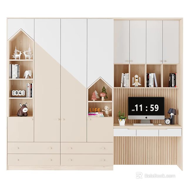 Modern Multifunctional Light Wood Toned Wardrobe Design With Drawers Bookshelf And Decorative Items 3d model 