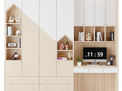Modern Multifunctional Light Wood Toned Wardrobe Design With Drawers Bookshelf And Decorative Items 3d model