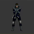 Game Movie Character In Blue Combat Suit With Goggles And Weapon Standing Pose
