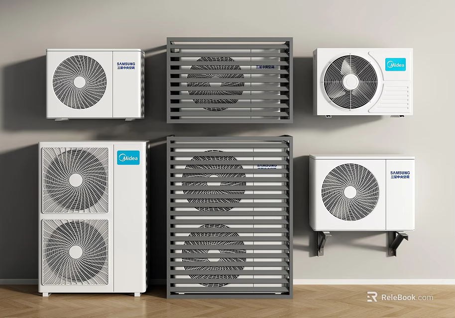 Various Modern Air Conditioner Fans With Wall Mounted And Standing Designs In White And Gray 3d model 