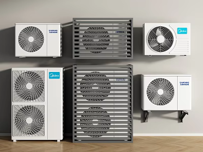 Various Modern Air Conditioner Fans With Wall Mounted And Standing Designs In White And Gray 3d model