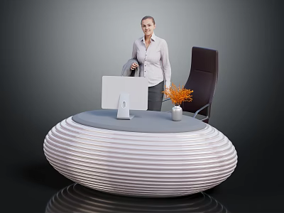 White Ribbed Circular Reception Desk With Computer Monitor Vase And Dark Chair 3d model