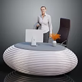 White Ribbed Circular Reception Desk With Computer Monitor Vase And Dark Chair