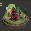 Traditional Japanese Garden Scene With Red Pagoda Pink Cherry Blossom Tree Stone Lantern And Stream