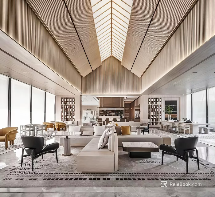 Elegant Modern Sales Office Interior With Skylight Ceiling Sofa Seating And Bookshelves 3d model 