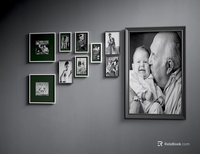 Photo Wall with Multiple Black and White Family Frames Gray Wall Grandfather and Baby Portrait 3d model 