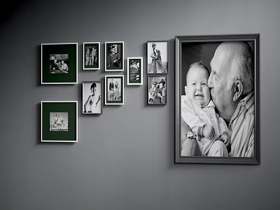 Photo Wall with Multiple Black and White Family Frames Gray Wall Grandfather and Baby Portrait 3d model