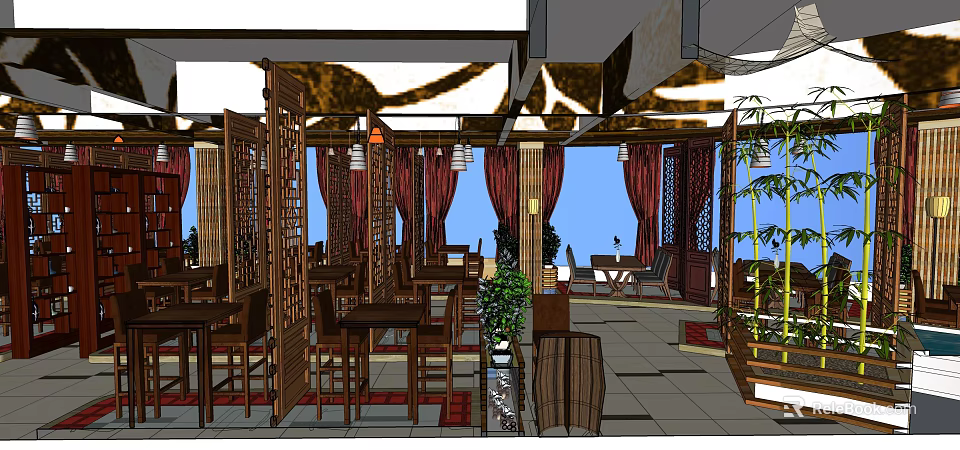 Traditional Chinese Restaurant Interior With Wooden Screens Red Curtains And Green Plants 3d model 