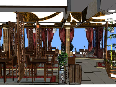 Traditional Chinese Restaurant Interior With Wooden Screens Red Curtains And Green Plants 3d model